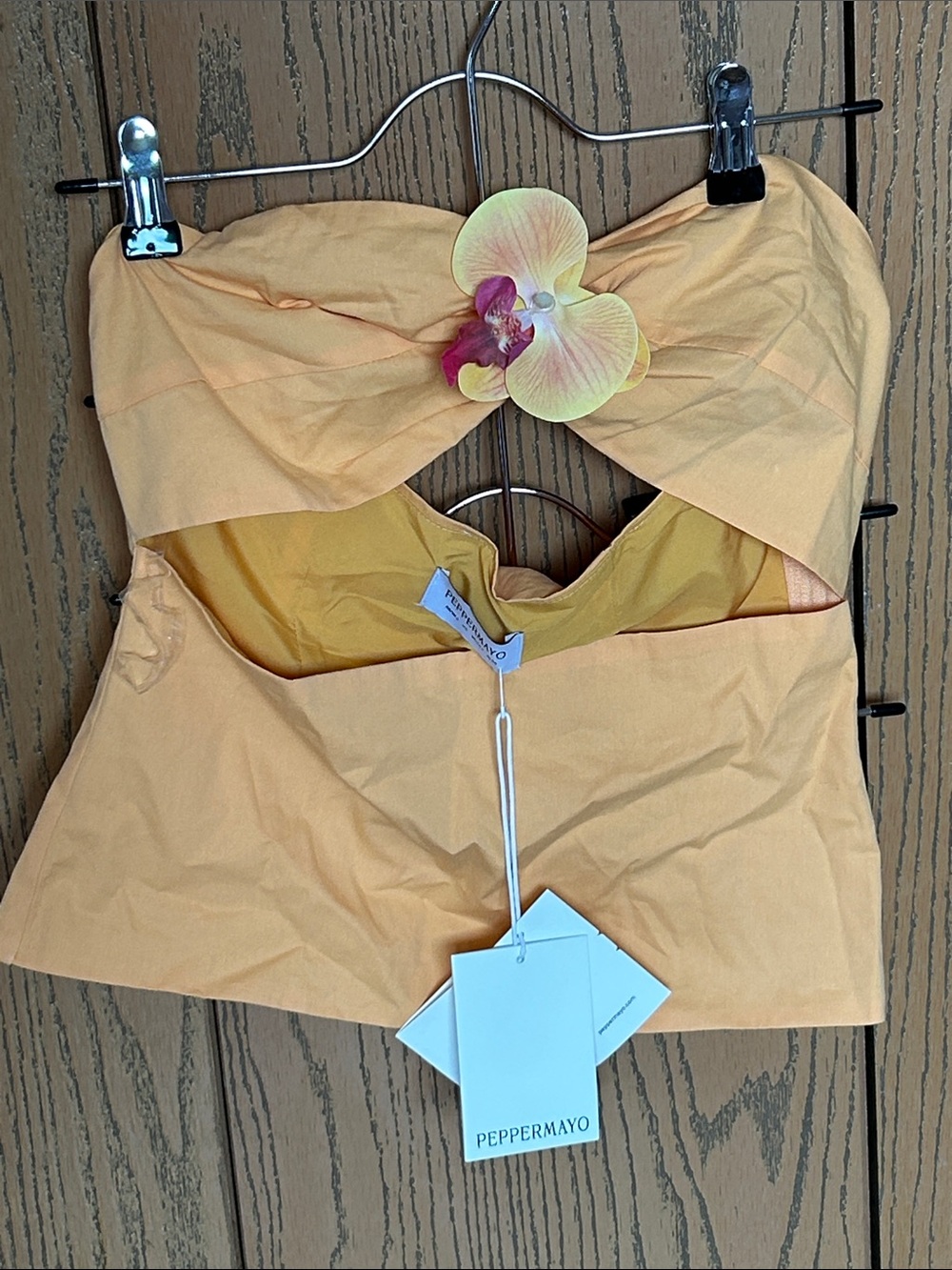 Peppermayo Yellow-Peach Twist Strapless Bandeau with Flower Accent